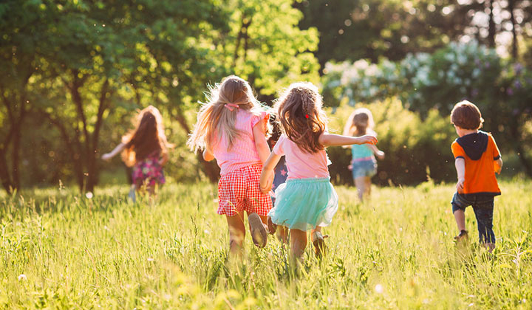 Young kids running through a sunny field