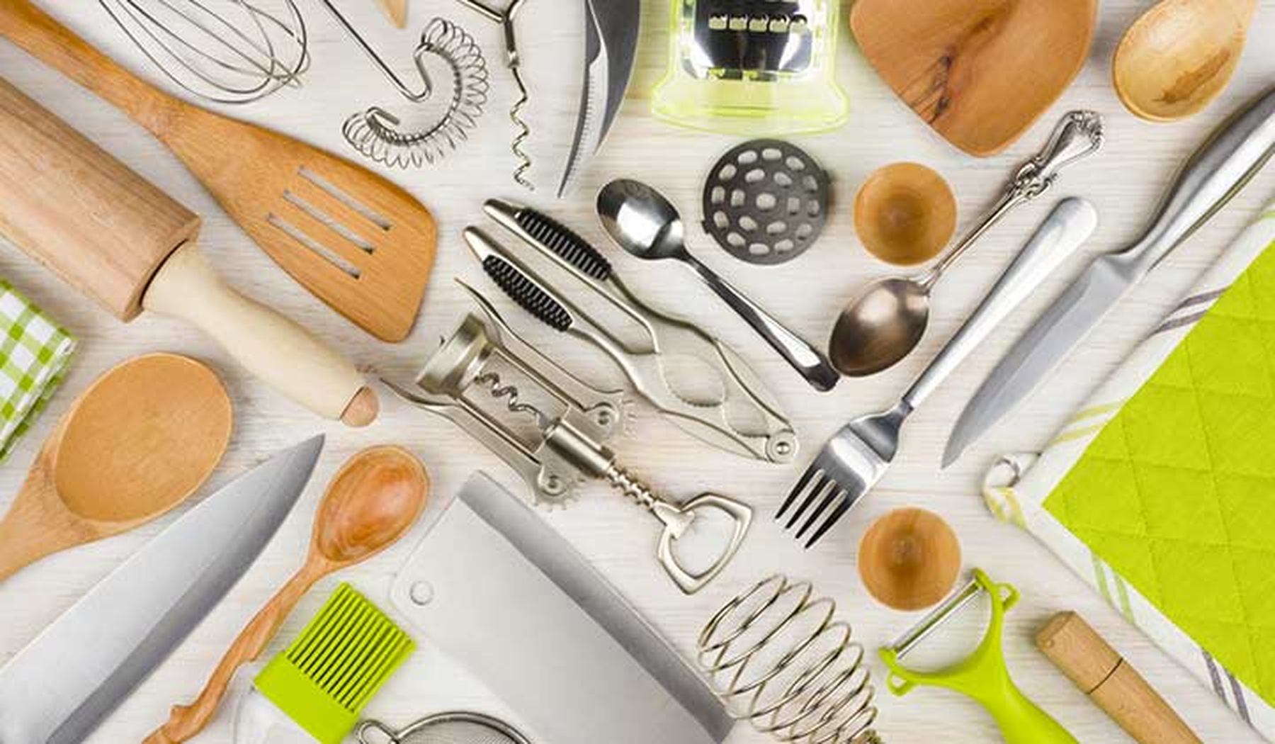 Various kitchen tools arranged on a counter