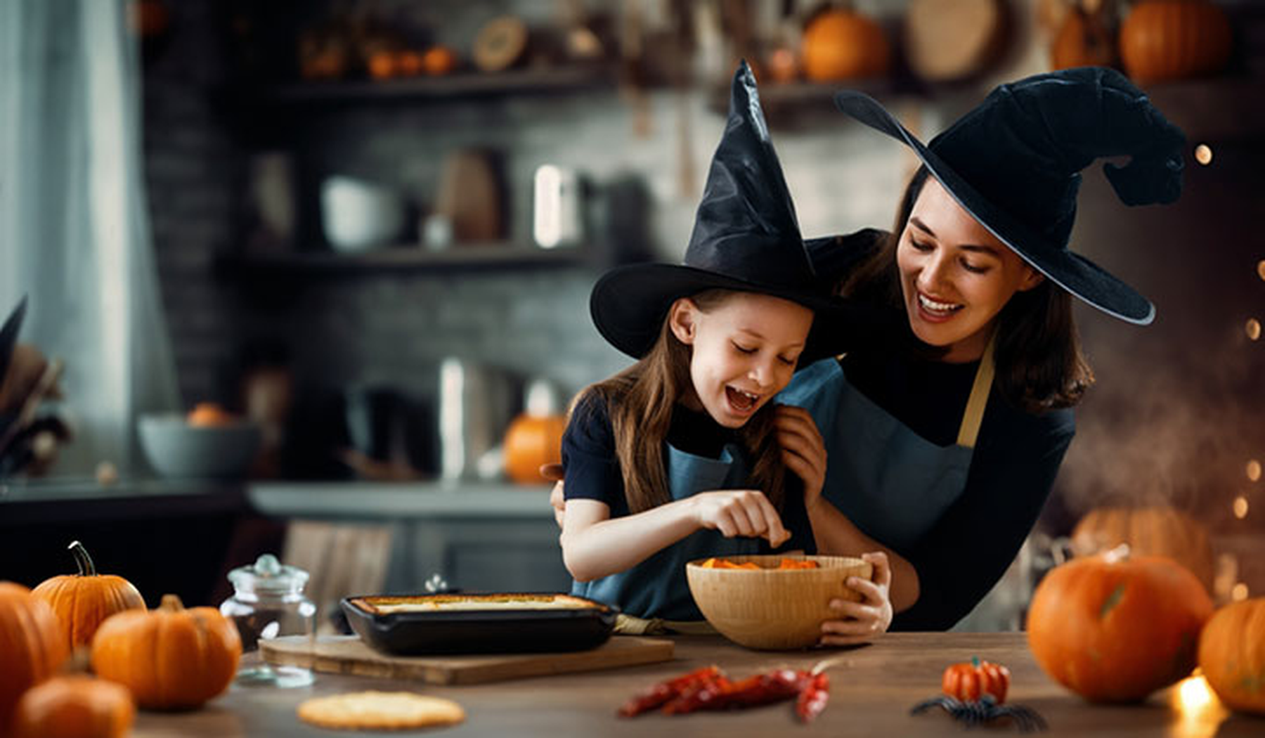 Mom and daughter dressed as witches for Halloween
