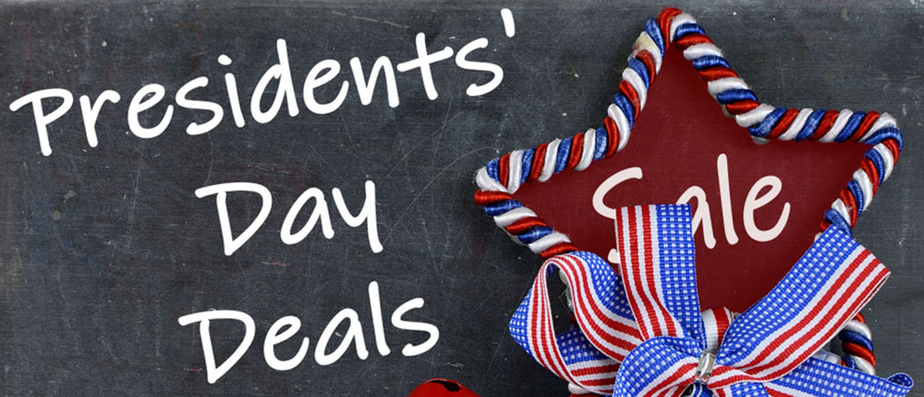 Presidents' Day Deals text with red, white, and blue star